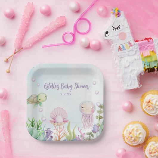 かわいい海の生き物ピンクの赤ちゃんシャワープレート ペーパープレート (パーティー)