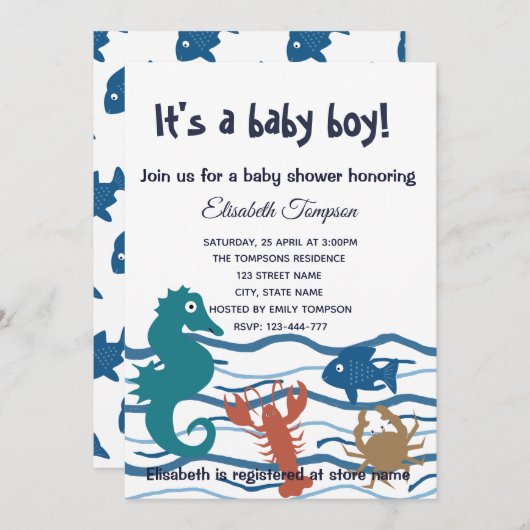 かわいい海の男の子の赤ちゃんシャワー 招待状 (正面/裏面)