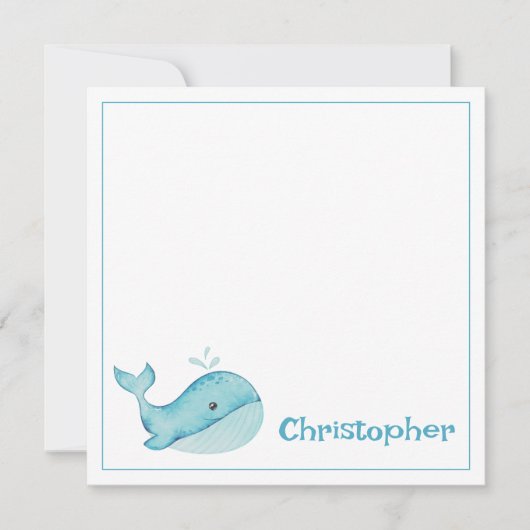 かわいい海の青いクジラの名入れカード ノートカード (正面)