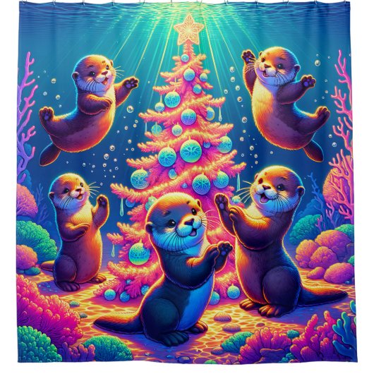 「かわいい海の飾カワウソのクリスマスツリー」 シャワーカーテン (正面)