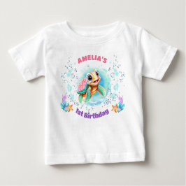 かわいい海カラフル亀の女の子1歳の誕生日 ベビーTシャツ