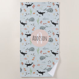 かわいい海クジラと海のパターンキッズ ビーチタオル