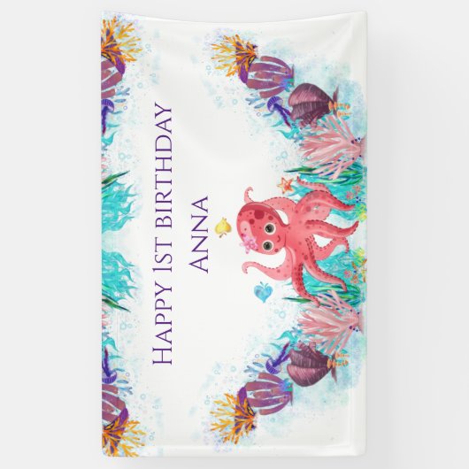 かわいい海シータコカラフルハッピーバースデー 横断幕 (縦)