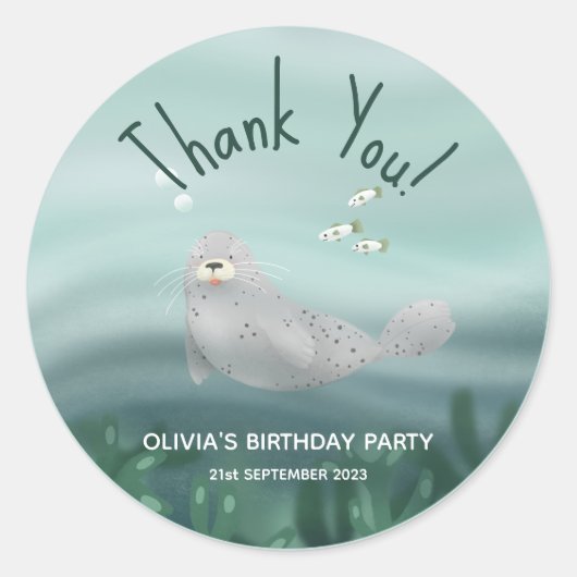 かわいい海シールサンキューパープル子供の誕生日 ラウンドシール (正面)