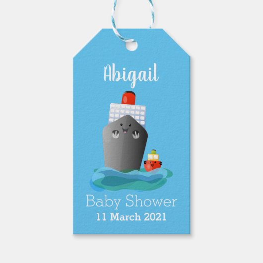 かわいい海ライナー船のタグ漫画イラストレーション ギフトタグ (正面)