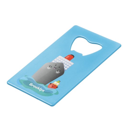 かわいい海ライナー船のタグ漫画イラストレーション クレジットカード栓抜き (正面アングル)