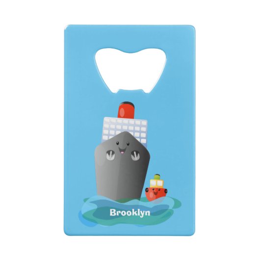 かわいい海ライナー船のタグ漫画イラストレーション クレジットカード栓抜き (裏面)