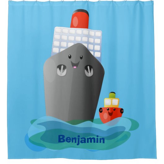 かわいい海ライナー船のタグ漫画イラストレーション シャワーカーテン (正面)