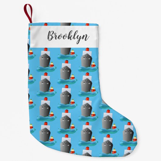 かわいい海ライナー船のタグ漫画イラストレーション スモールクリスマスストッキング (正面)