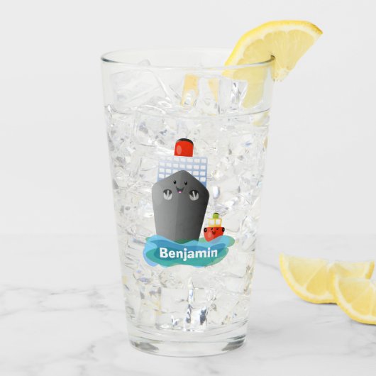 かわいい海ライナー船のタグ漫画イラストレーション タンブラーグラス (アイス裏面)