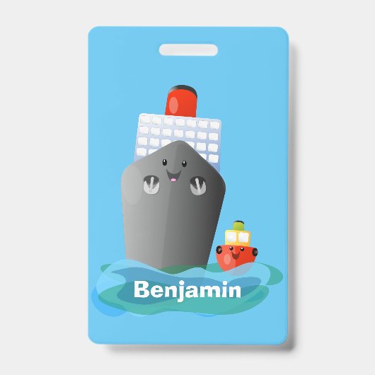 かわいい海ライナー船のタグ漫画イラストレーション バッジ (正面)