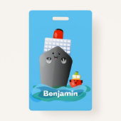 かわいい海ライナー船のタグ漫画イラストレーション バッジ (裏面)