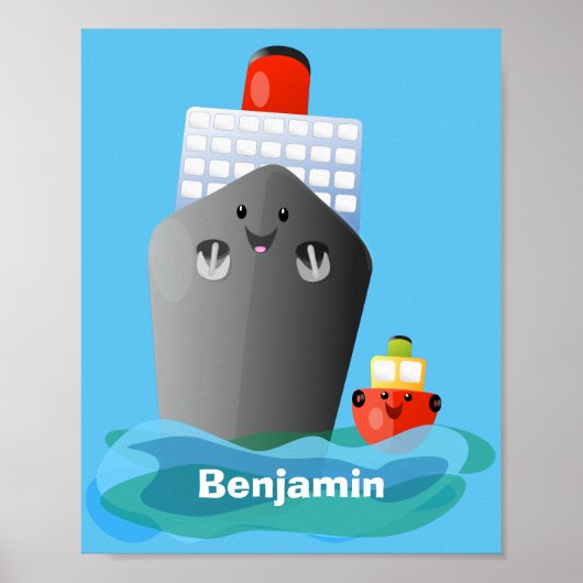 かわいい海ライナー船のタグ漫画イラストレーション ポスター (正面)