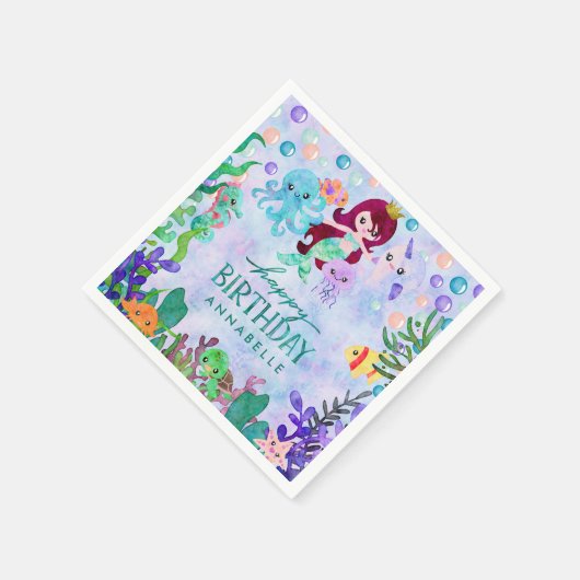 かわいい海動物マーメイドテーマハッピーバースデー スタンダードカクテルナプキン (角)
