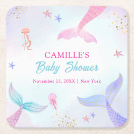 かわいい海夏マーメイドテールベイビーシャワー スクエアペーパーコースター