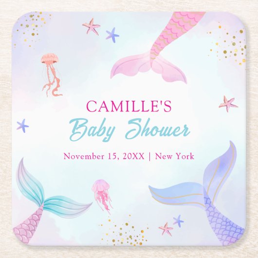 かわいい海夏マーメイドテールベイビーシャワー スクエアペーパーコースター (正面)