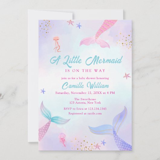 かわいい海夏マーメイドテールベイビーシャワー 招待状 (正面)