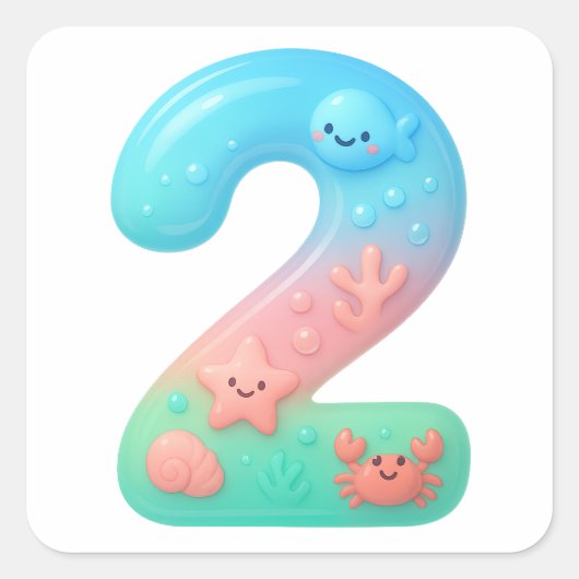 かわいい海底テーマのカートゥーンナンバー2 スクエアシール (正面)