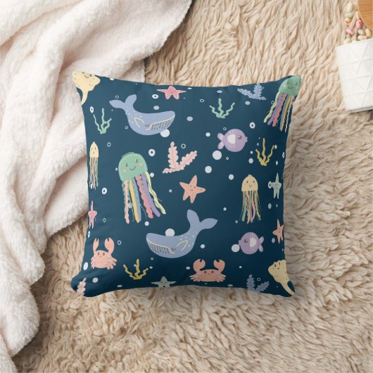 かわいい海洋生物のシームレスなパターン クッション (ブランケット)