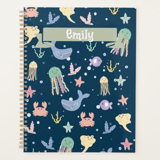 かわいい海洋生物のシームレスなパターン プランナー手帳 (正面)
