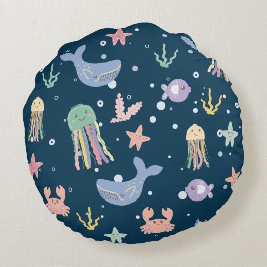 かわいい海洋生物のシームレスなパターン ラウンドクッション (裏面)