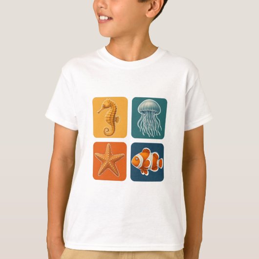 かわいい海洋生物のデザイン - タツノオトシゴ、クラゲ Tシャツ (正面)