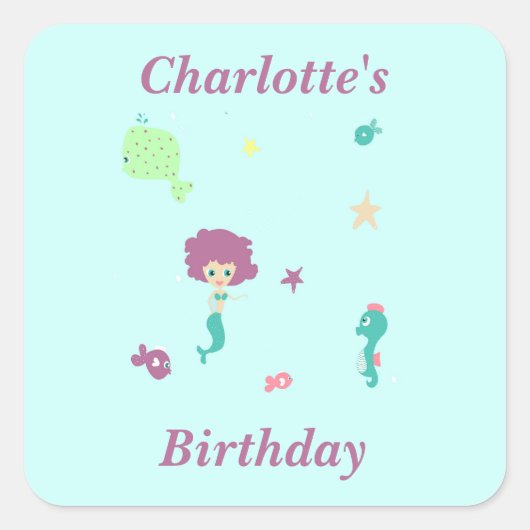 かわいい海生の人魚の名前を青に スクエアシール (正面)