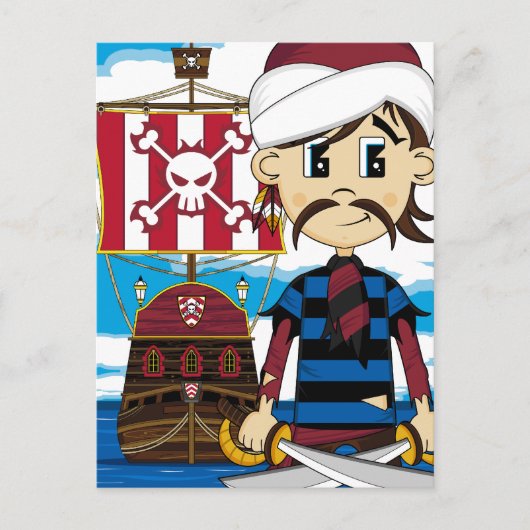 かわいい海賊と船はがき ポストカード (正面)