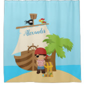 かわいい海賊の少年と大きな船の名前をカスタムする シャワーカーテン (正面)