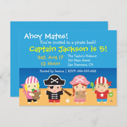 かわいい海賊の男の子と女の子の誕生日パーティー 招待状 (正面/裏面)