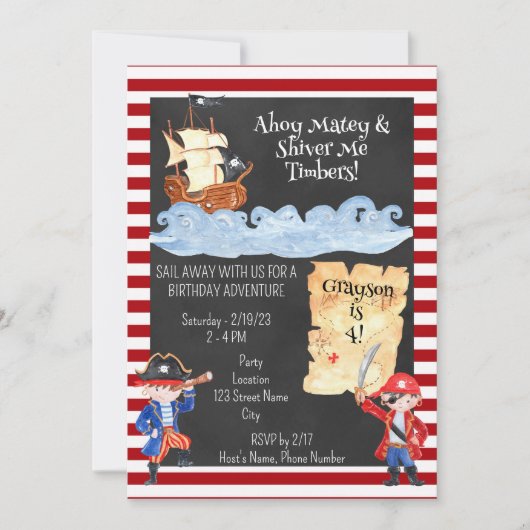 かわいい海賊の誕生日パーティーへの招待 招待状 (正面)