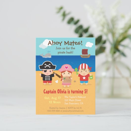 かわいい海賊をテーマにした子供の誕生日パーティの招待状 招待状 (スタンド正面)