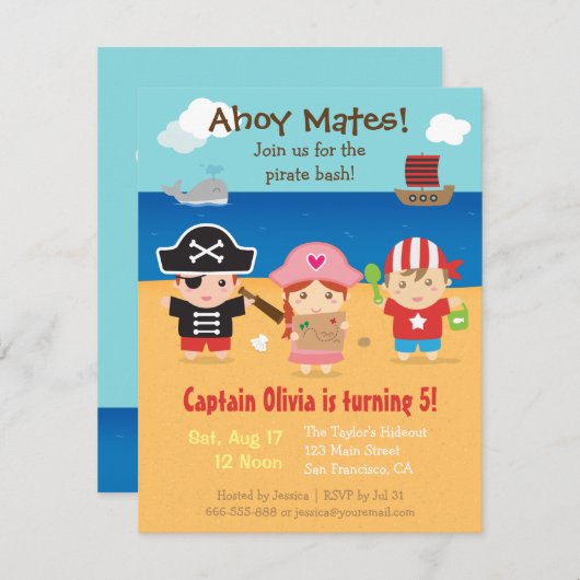 かわいい海賊をテーマにした子供の誕生日パーティの招待状 招待状 (正面/裏面)