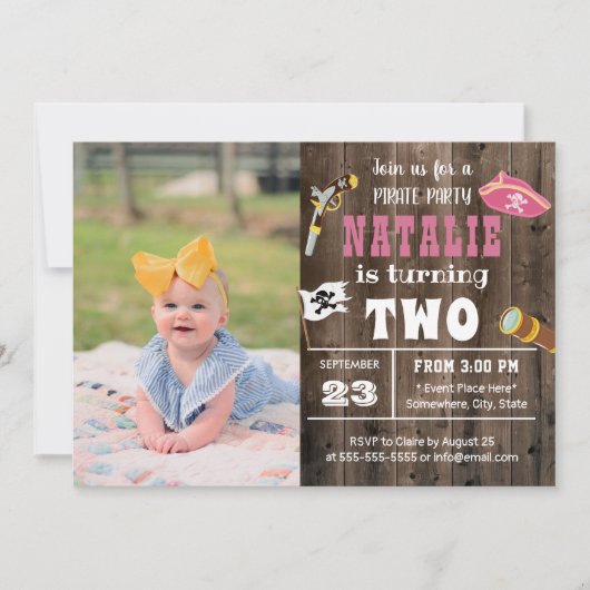 かわいい海賊カスタム女の子の写真2nd誕生日 招待状 (正面)