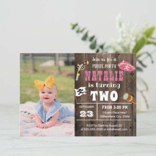 かわいい海賊カスタム女の子の写真2nd誕生日 招待状 (スタンド正面)
