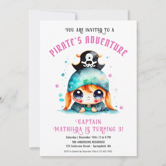 かわいい海賊ガールピンク誕生日パーティー 招待状 (正面)