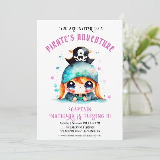 かわいい海賊ガールピンク誕生日パーティー 招待状 (スタンド正面)