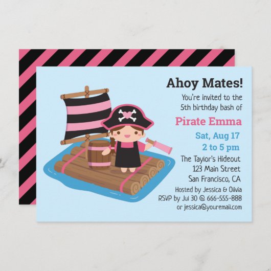 かわいい海賊ガールボートラフト子供の誕生日パーティー 招待状 (正面/裏面)