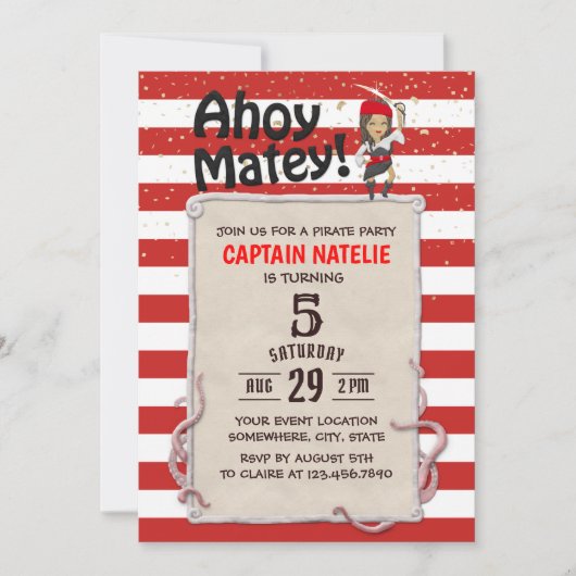 かわいい海賊ガールレッドストライプバースデーパーティー 招待状 (正面)