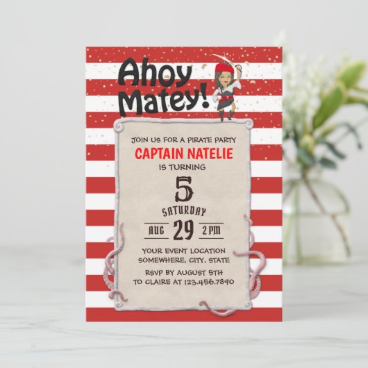 かわいい海賊ガールレッドストライプバースデーパーティー 招待状 (スタンド正面)