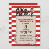 かわいい海賊ガールレッドストライプバースデーパーティー 招待状 (正面/裏面)