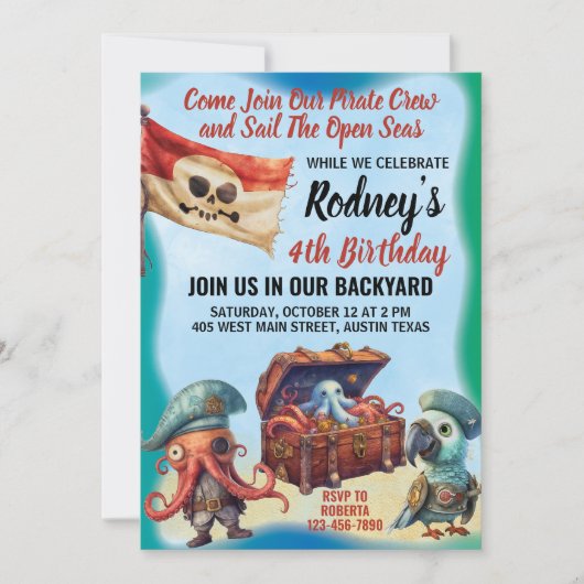 かわいい海賊テーマ誕生日パーティーの招待状 招待状 (正面)