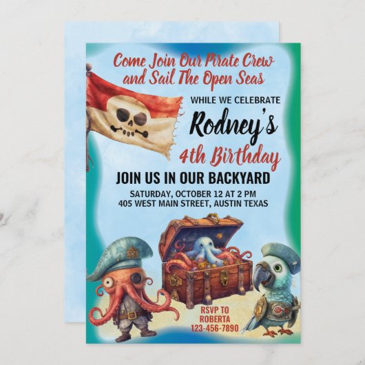 かわいい海賊テーマ誕生日パーティーの招待状 招待状 (正面/裏面)