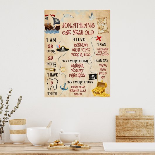 かわいい海賊パーティー歓迎の最初の誕生日 ポスター (キッチン)