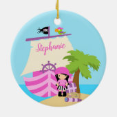 かわいい海賊ブルネットガール&大きな船名前をカスタムする セラミックオーナメント (裏面)