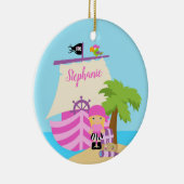 かわいい海賊ブロンドガール&ビッグ船名前をカスタムする セラミックオーナメント (右)