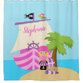 かわいい海賊ブロンドガール&大きな船の名前をカスタムする シャワーカーテン (正面)