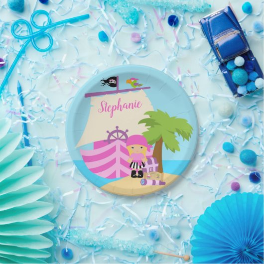 かわいい海賊ブロンドガール&大きな船の名前をカスタムする ペーパープレート (パーティー)