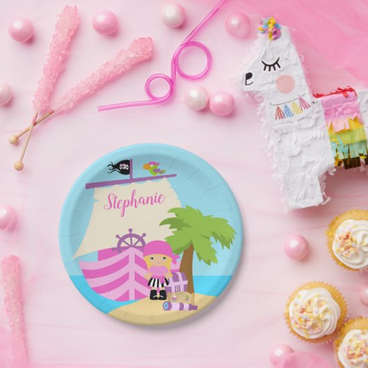 かわいい海賊ブロンドガール&大きな船の名前をカスタムする ペーパープレート (パーティー)