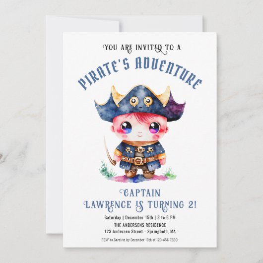 かわいい海賊ボーイブルー誕生日パーティー 招待状 (正面)